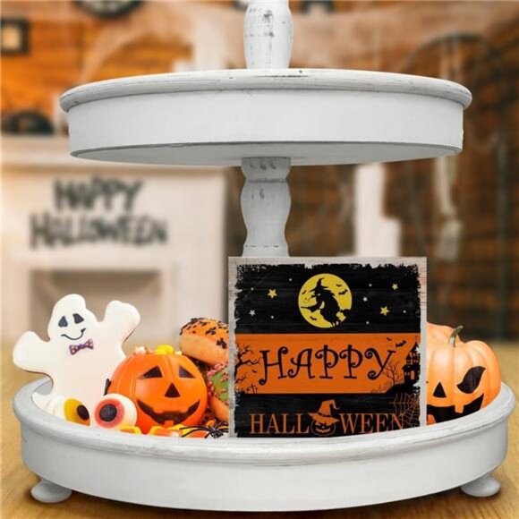 Witch Decor Halloween Wood Sign Happy Halloween Decorations Table Desk 5x5 Inch - Picture 5 of 8